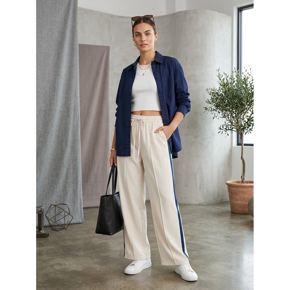 Athleta Womens Cream Navy Side Stripe Wide Leg Drawstring Pants Small